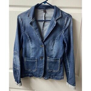 Boutique Denim Jacket Womens 38 Med Blue Single Breasted Notched Collar Unlined